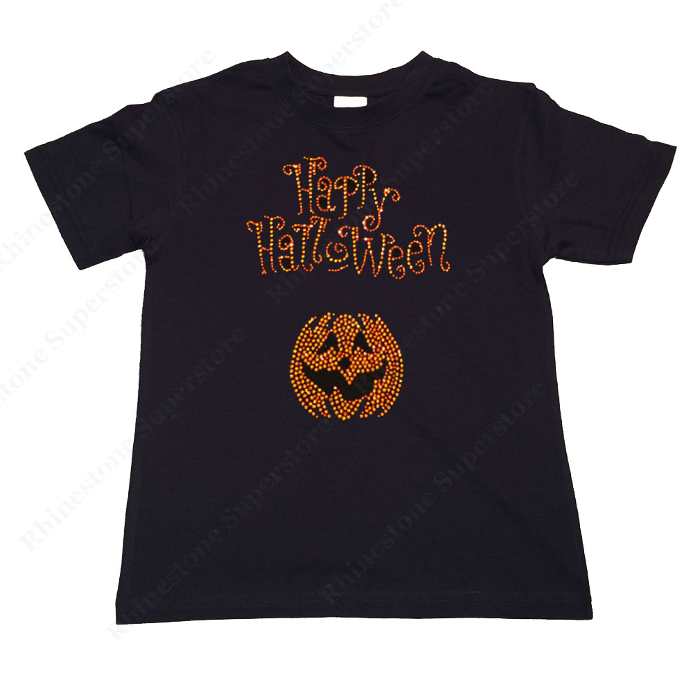 Girls Rhinestone T-Shirt " Happy Halloween w/ Pumpkin " Kids Size 3 to 14 Available