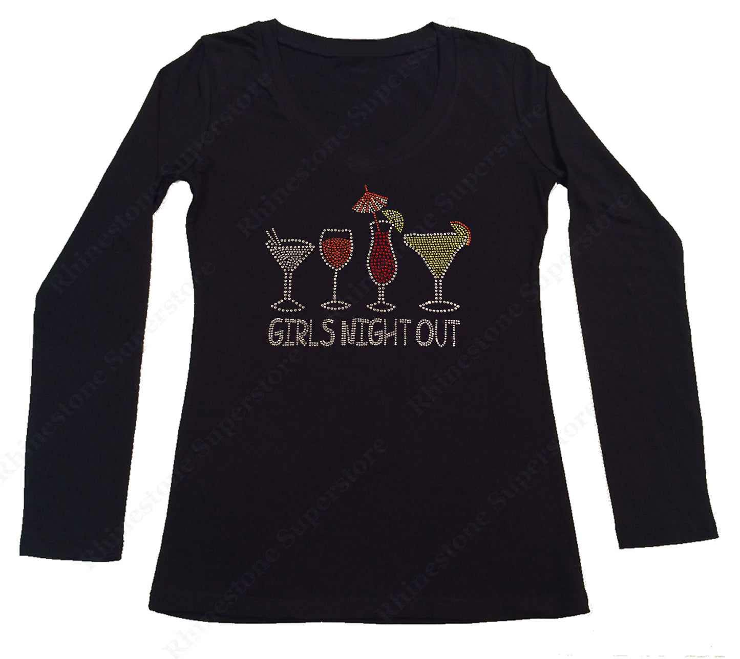 Womens T-shirt with Girls Night Out with Drinks in Rhinestones