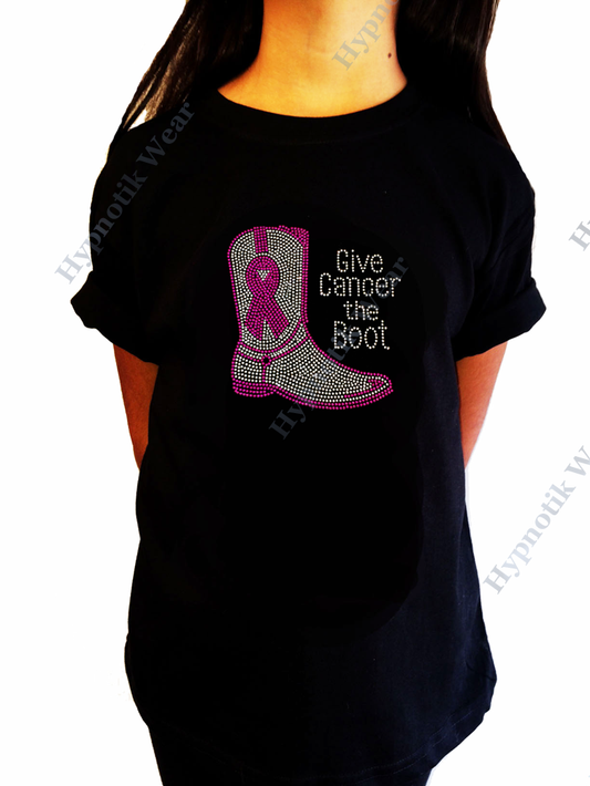 Girls Rhinestone T-Shirt " Give Cancer the Boot with Cancer Ribbon " Kids Size 3 to 14 Available