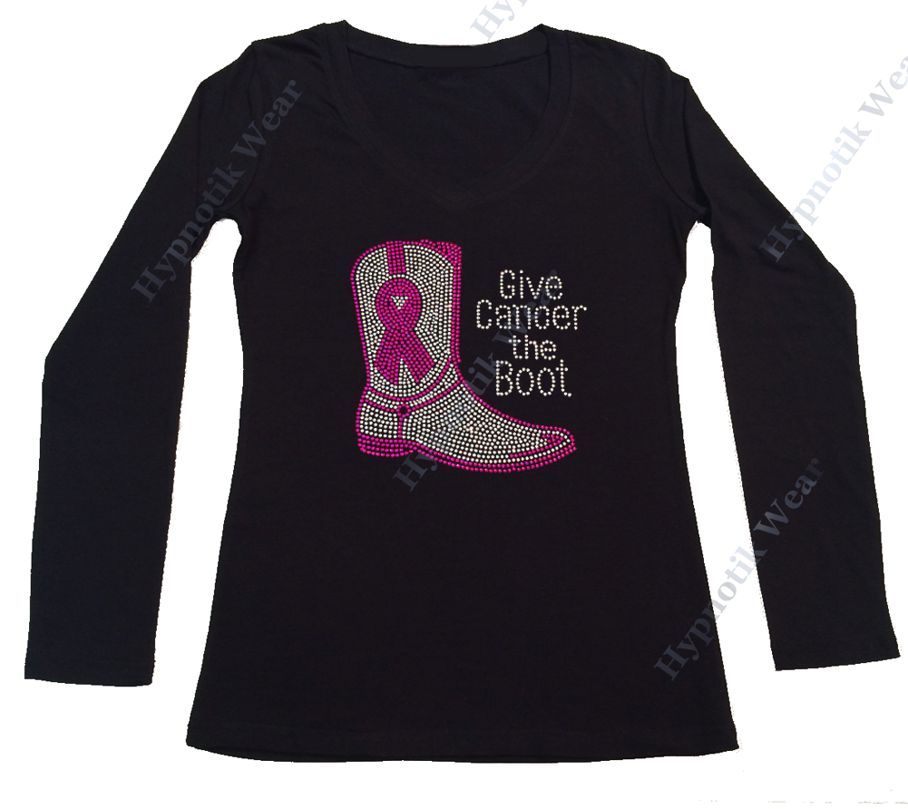 Womens T-shirt with Give Cancer the Boot with Cancer Ribbon in Rhinestones