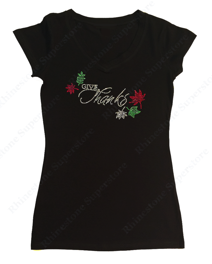 Womens T-shirt with Give Thanks in Rhinestones