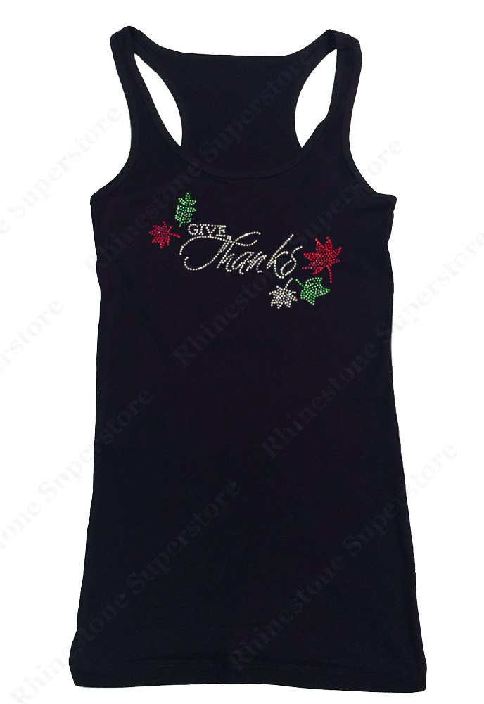 Womens T-shirt with Give Thanks in Rhinestones