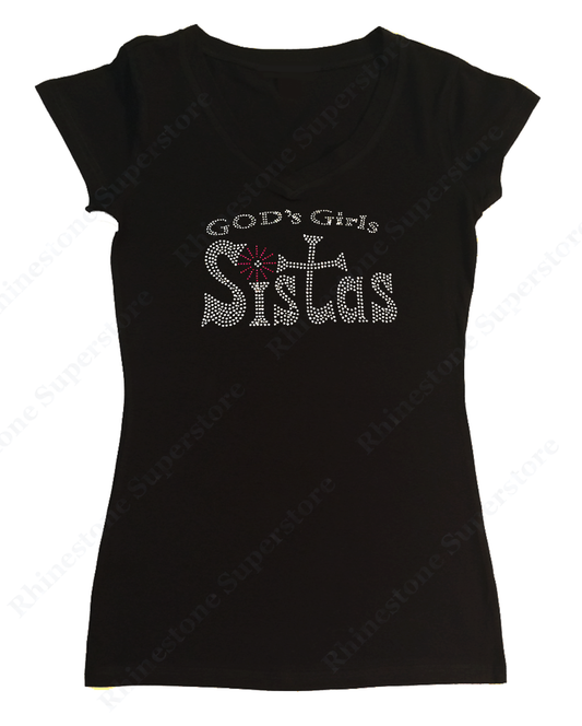 Womens T-shirt with Gods Girls Sistas in Rhinestones