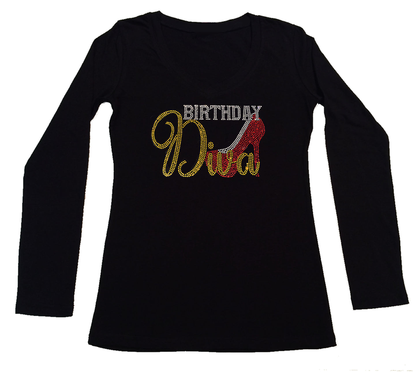 Women's Rhinestone Fitted Tight Snug Shirt Birthday Diva with Red High Heel - Birthday Shirt, Bling Shirt