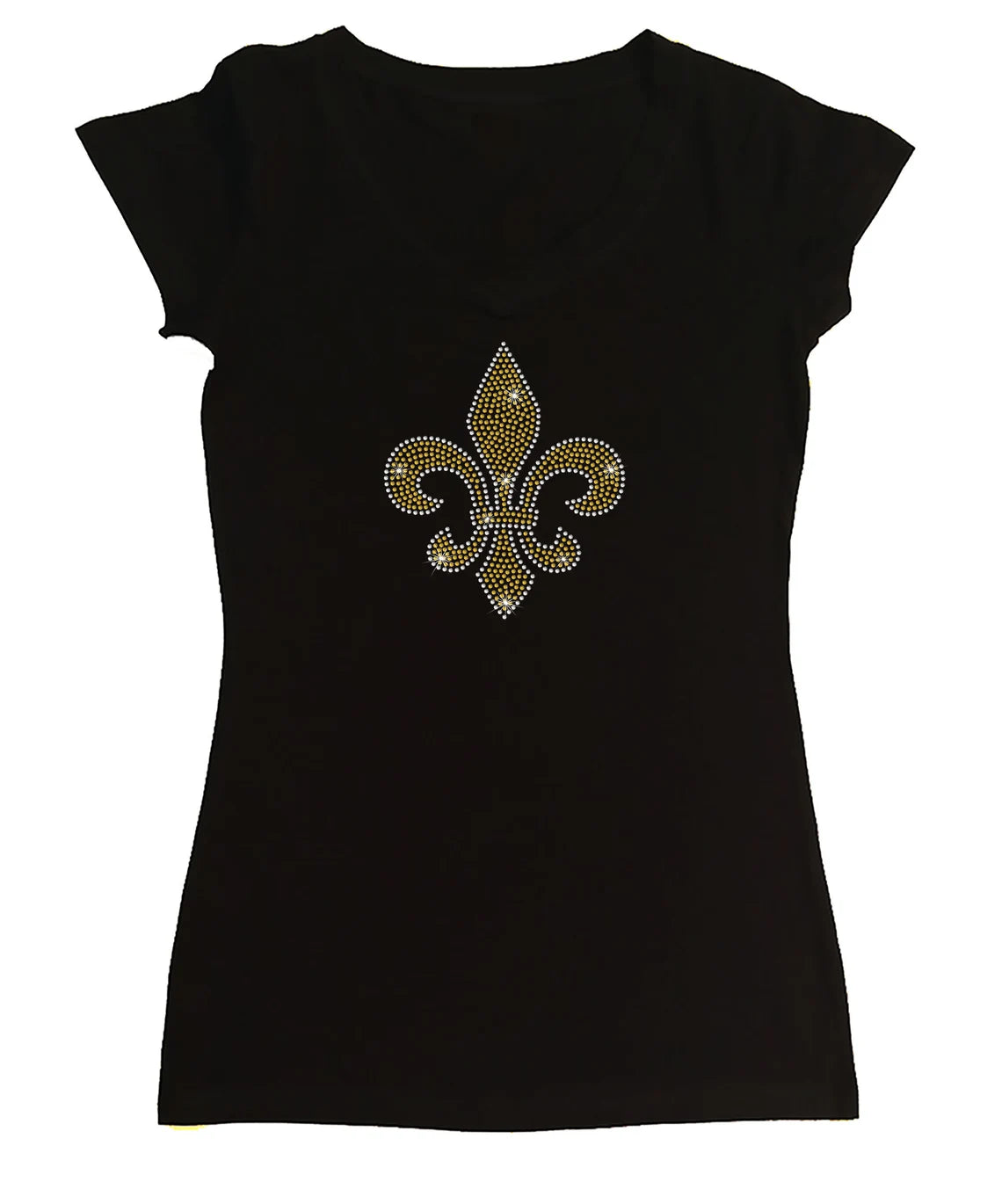 Women's Rhinestone Fitted Tight Snug Gold Fleur de Lis - Classic Design, Fleur de Lis Shirt