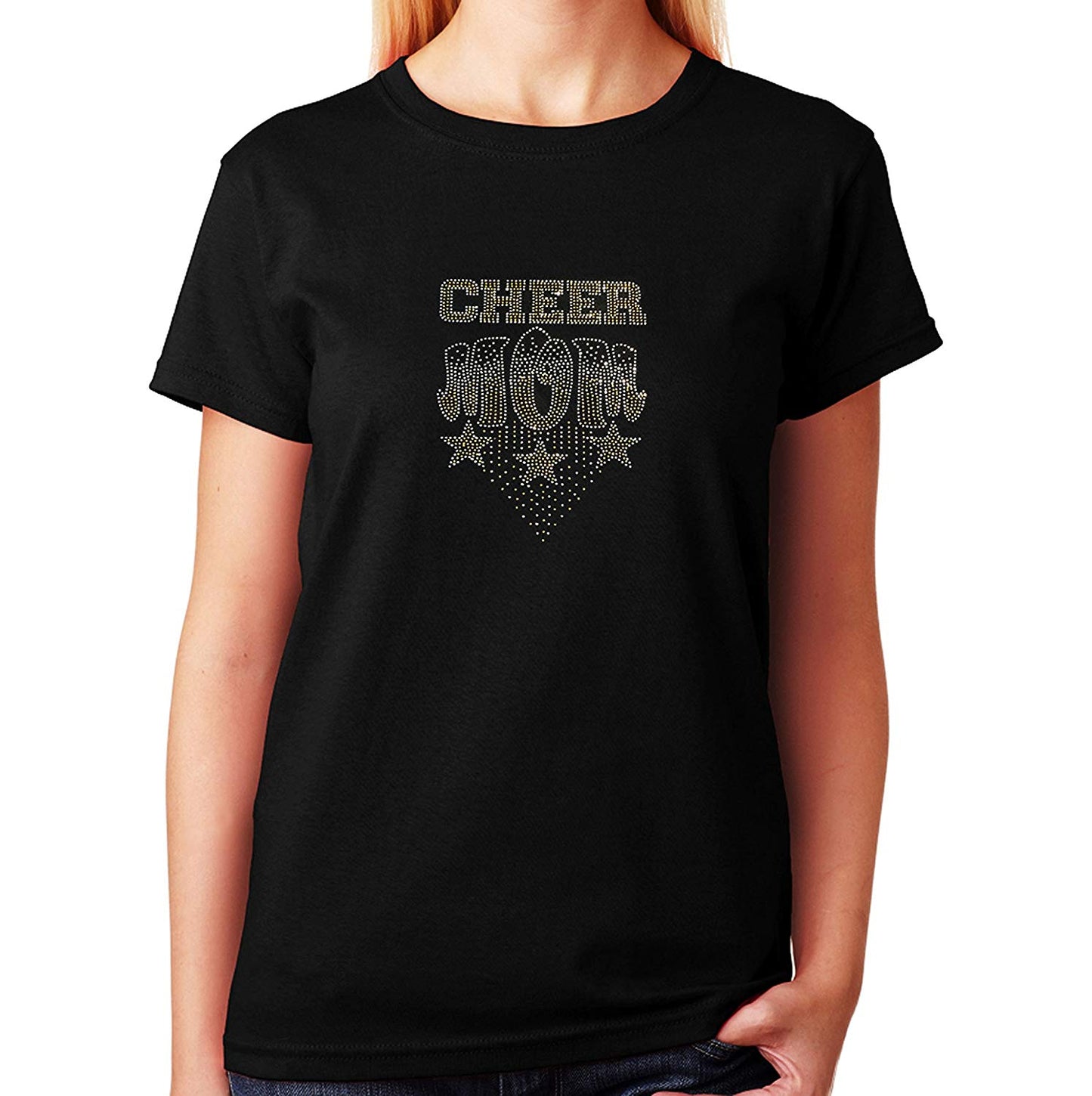 Women's / Unisex T-Shirt with Gold Cheer Mom With Stars in Rhinestones