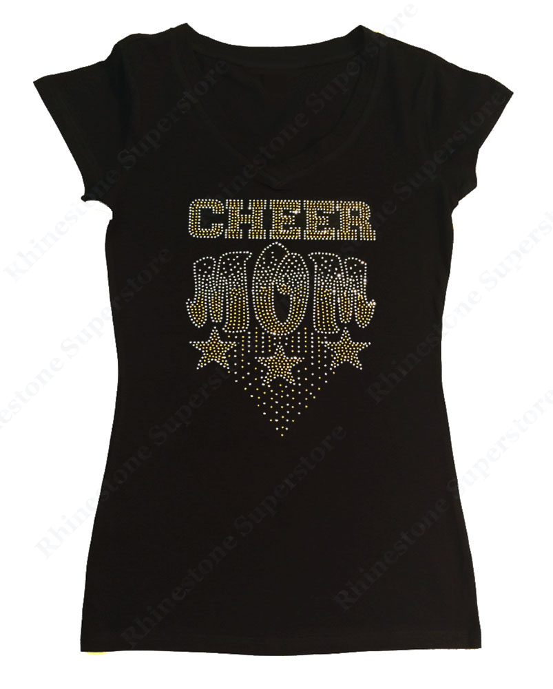 Womens T-shirt with Gold Cheer Mom with Stars in Rhinestones