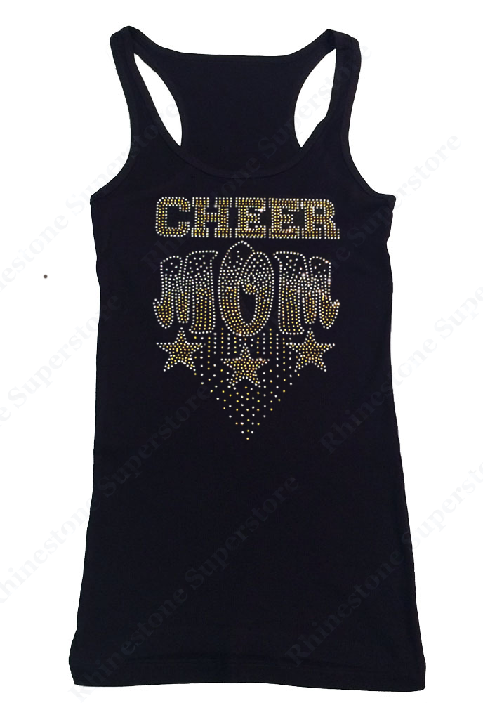Womens T-shirt with Gold Cheer Mom with Stars in Rhinestones