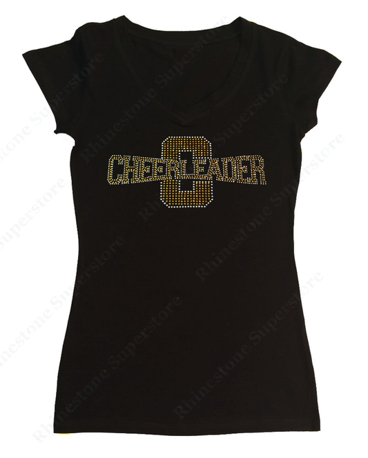 Womens T-shirt with Gold Cheerleader in Rhinestones