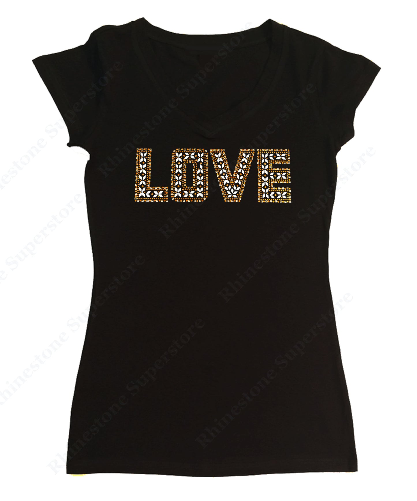 Womens T-shirt with Gold Love in Rhinestuds