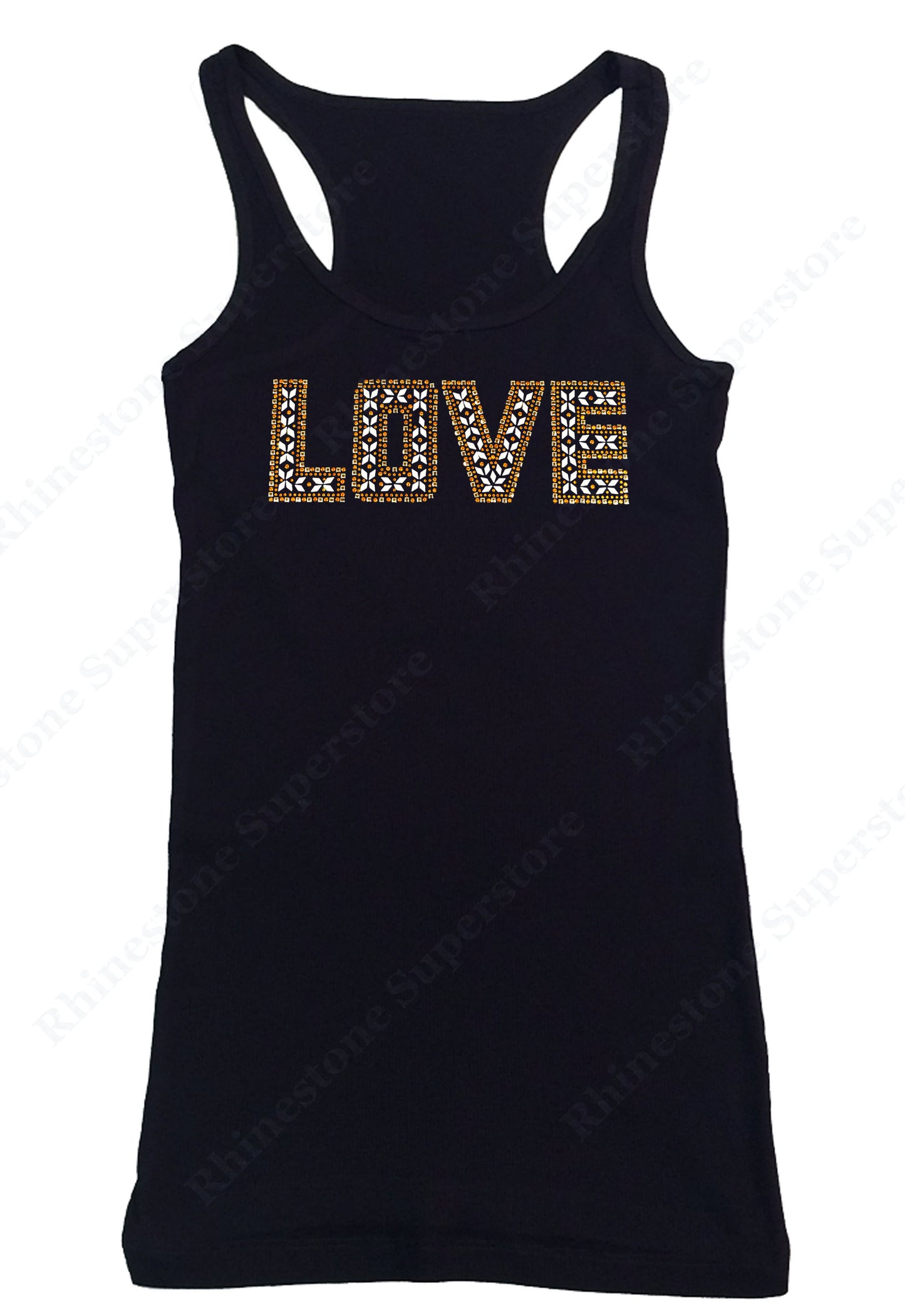 Womens T-shirt with Gold Love in Rhinestuds