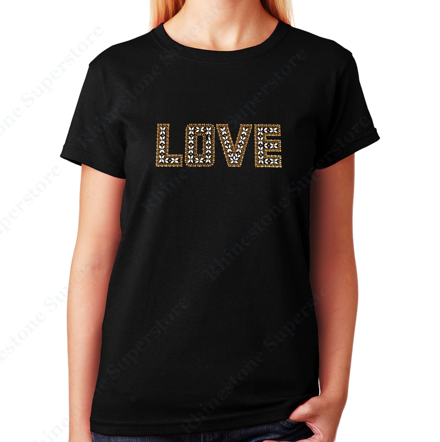 Women's / Unisex T-Shirt with Gold Love in Rhinestuds