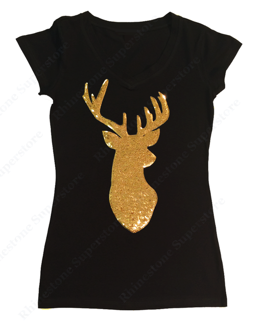 Womens T-shirt with Gold Reindeer in Sequence
