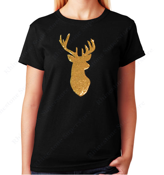 Women's / Unisex T-Shirt with Gold Reindeer in Sequence