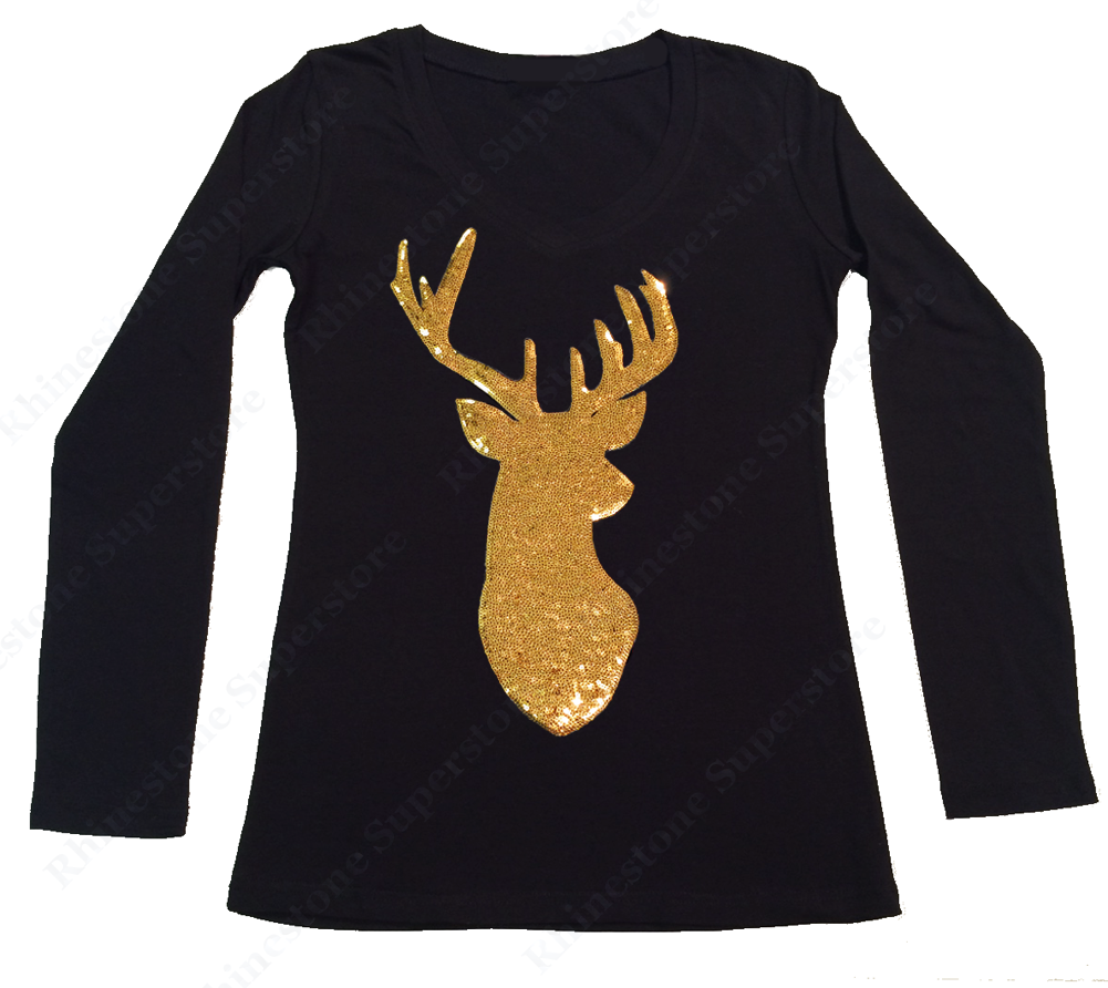 Womens T-shirt with Gold Reindeer in Sequence