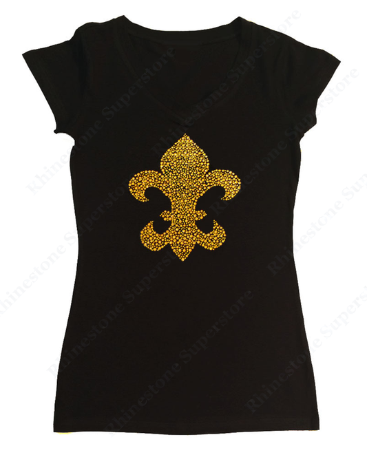 Womens T-shirt with Gold Fleur De Lis in Rhinestuds