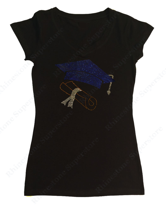 Womens T-shirt with Graduation Cap and Diploma in Rhinestones