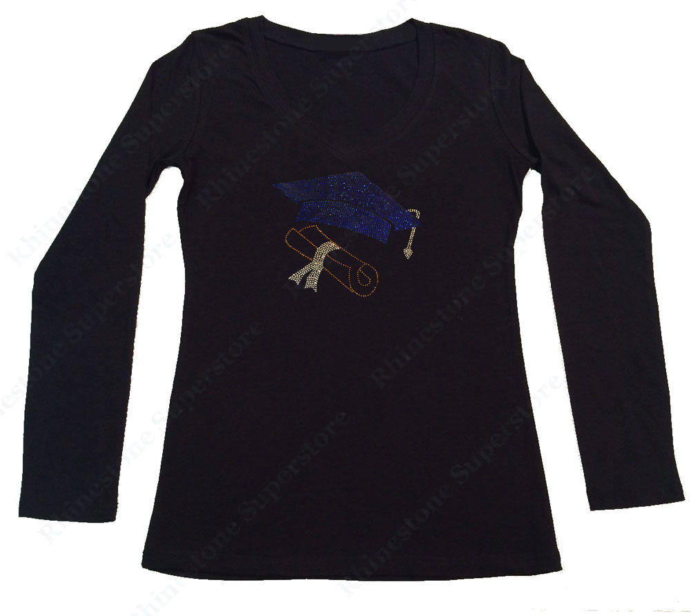 Womens T-shirt with Graduation Cap and Diploma in Rhinestones