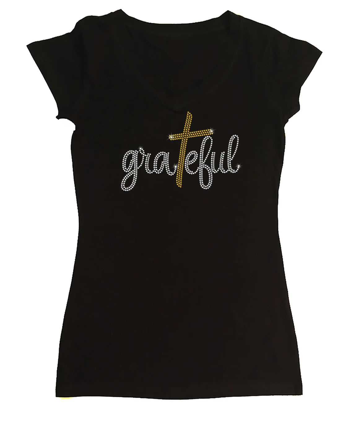 Women's Rhinestone Fitted Tight Snug Grateful with Cross in Script - Rhinestone Church shirt