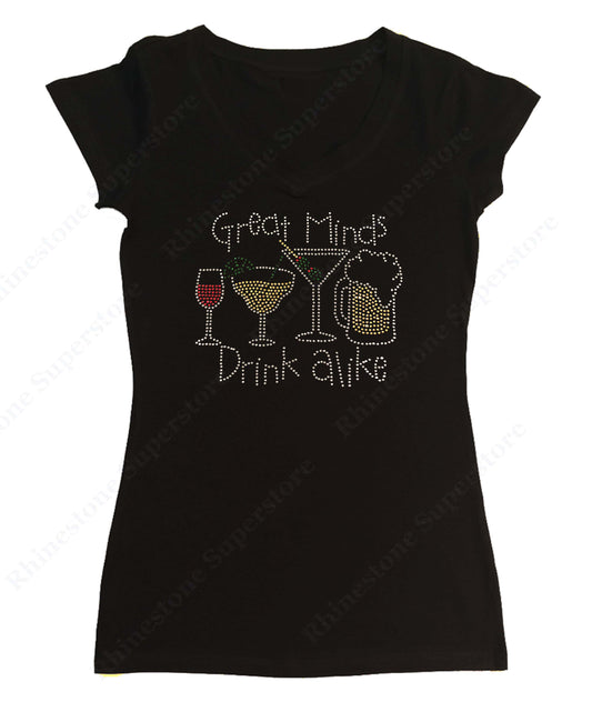 Womens T-shirt with Great Minds Drink Alike in Rhinestones