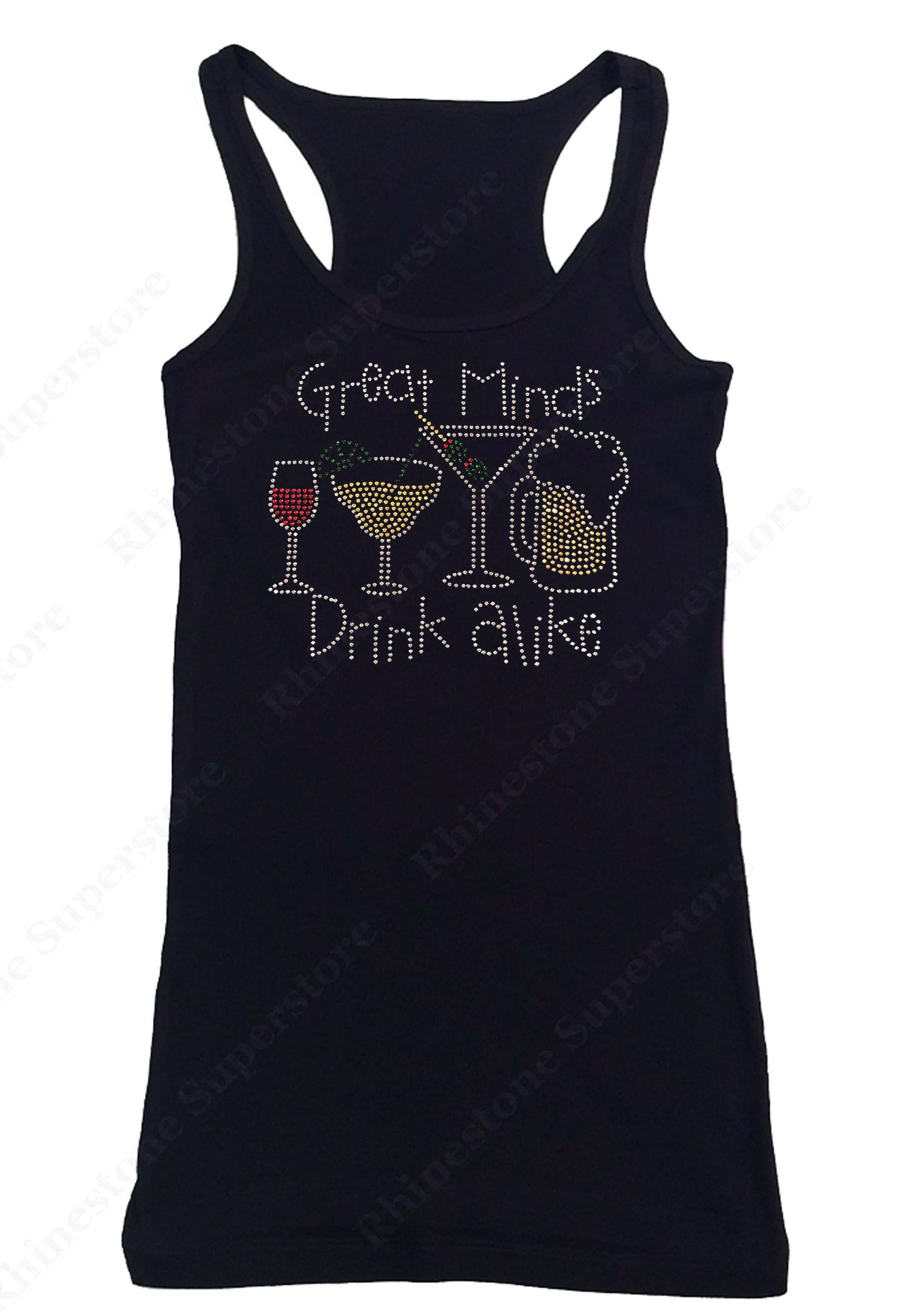 Womens T-shirt with Great Minds Drink Alike in Rhinestones