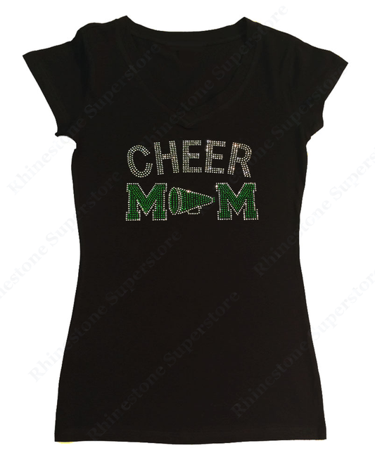 Womens T-shirt with Green Cheer Mom with Megaphone in Rhinestones