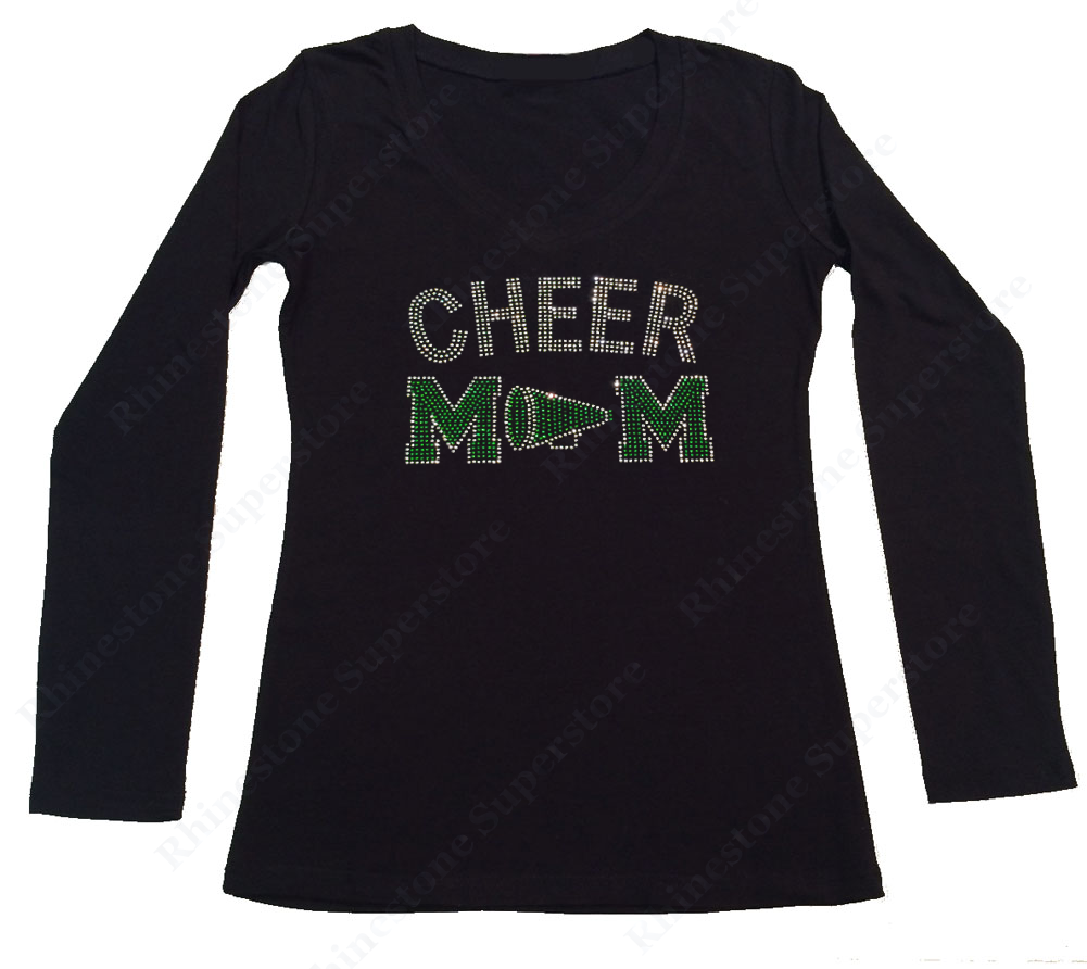 Womens T-shirt with Green Cheer Mom with Megaphone in Rhinestones