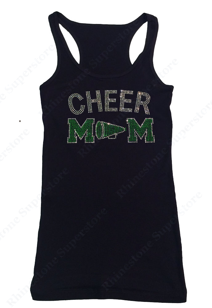 Womens T-shirt with Green Cheer Mom with Megaphone in Rhinestones