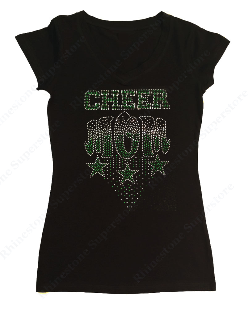 Womens T-shirt with Green Cheer Mom with Stars in Rhinestones