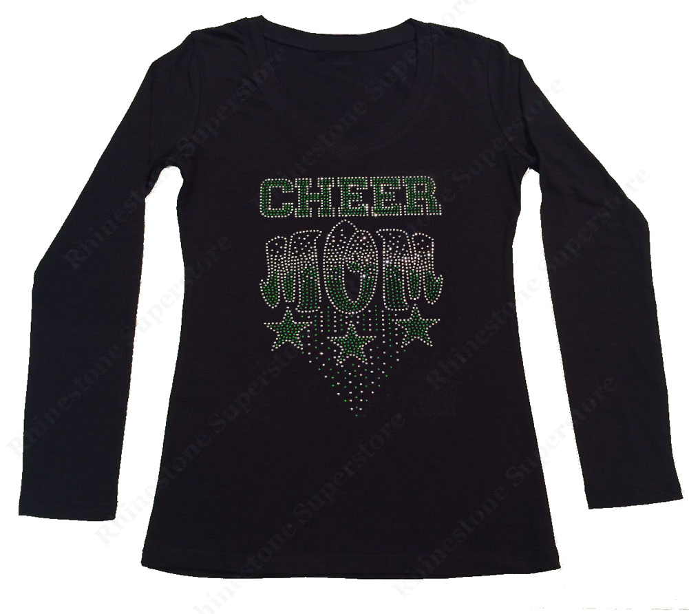 Womens T-shirt with Green Cheer Mom with Stars in Rhinestones