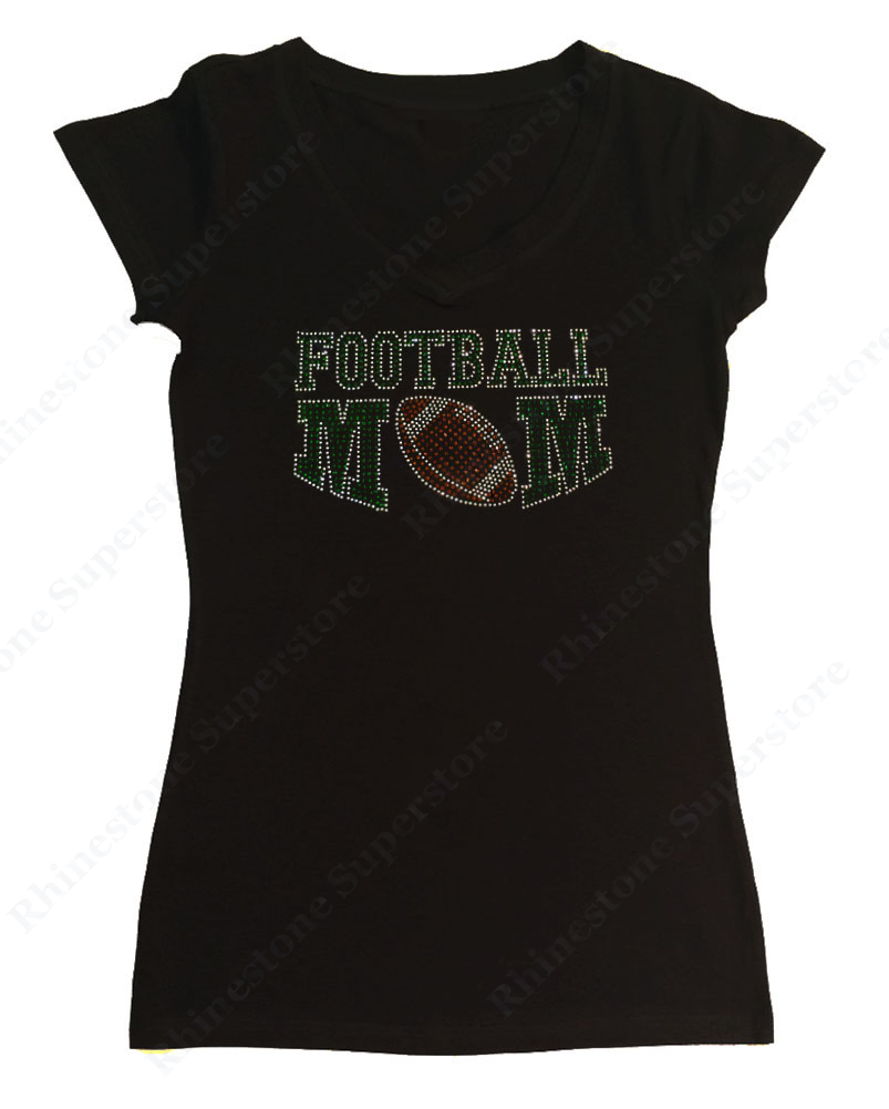 Womens T-shirt with Green Football Mom in Rhinestones