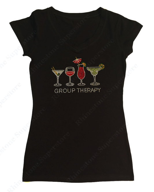 Womens T-shirt with Group Therapy Drinks in Rhinestones