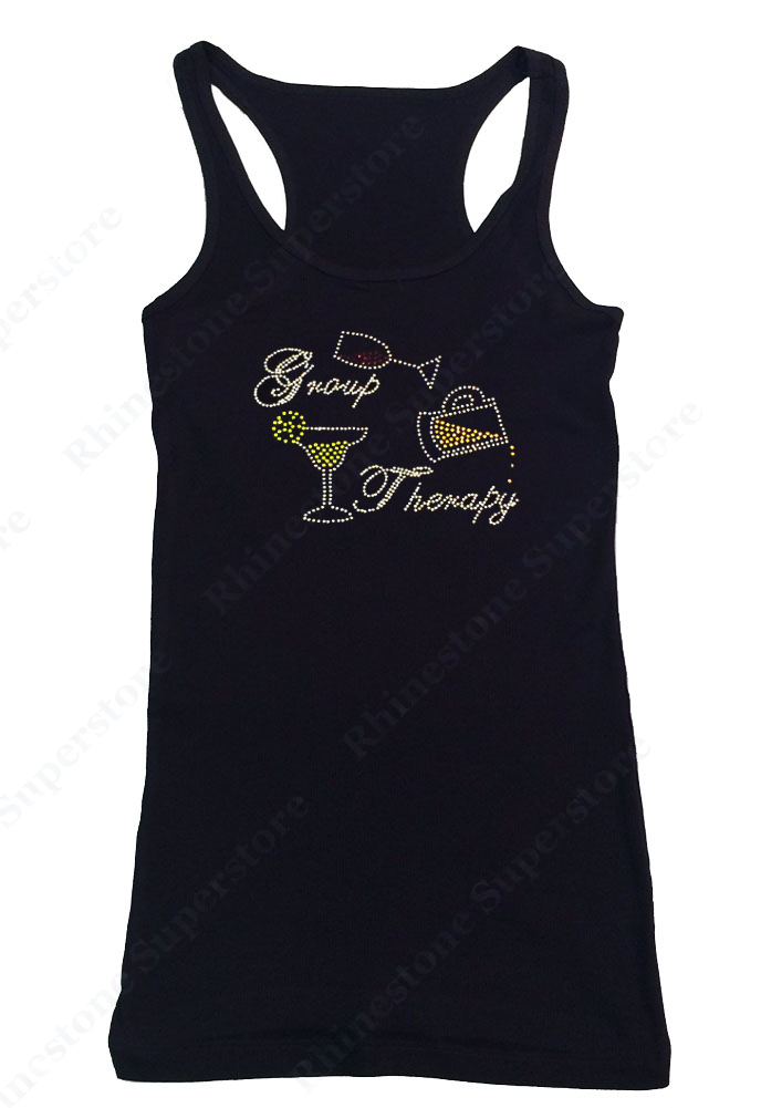 Womens T-shirt with Group Therapy with Wine Beer Drink in Rhinestones
