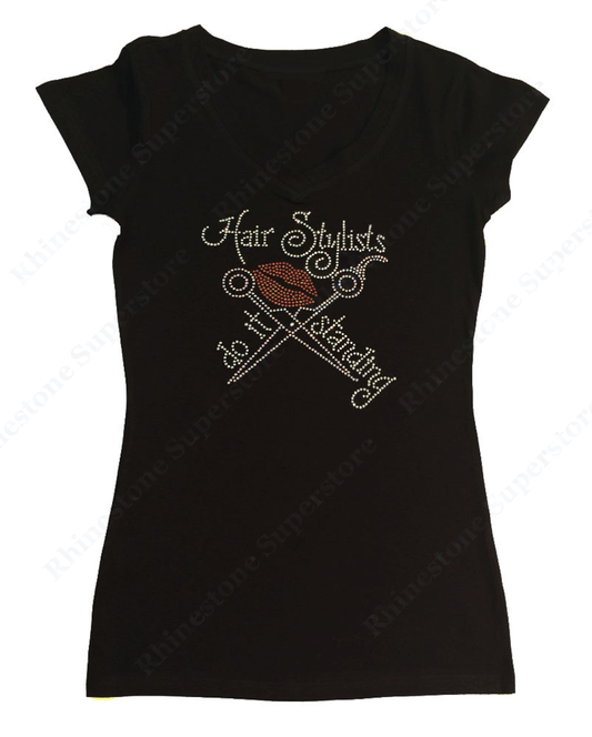 Womens T-shirt with Hair Stylists Do It Standing in Rhinestones
