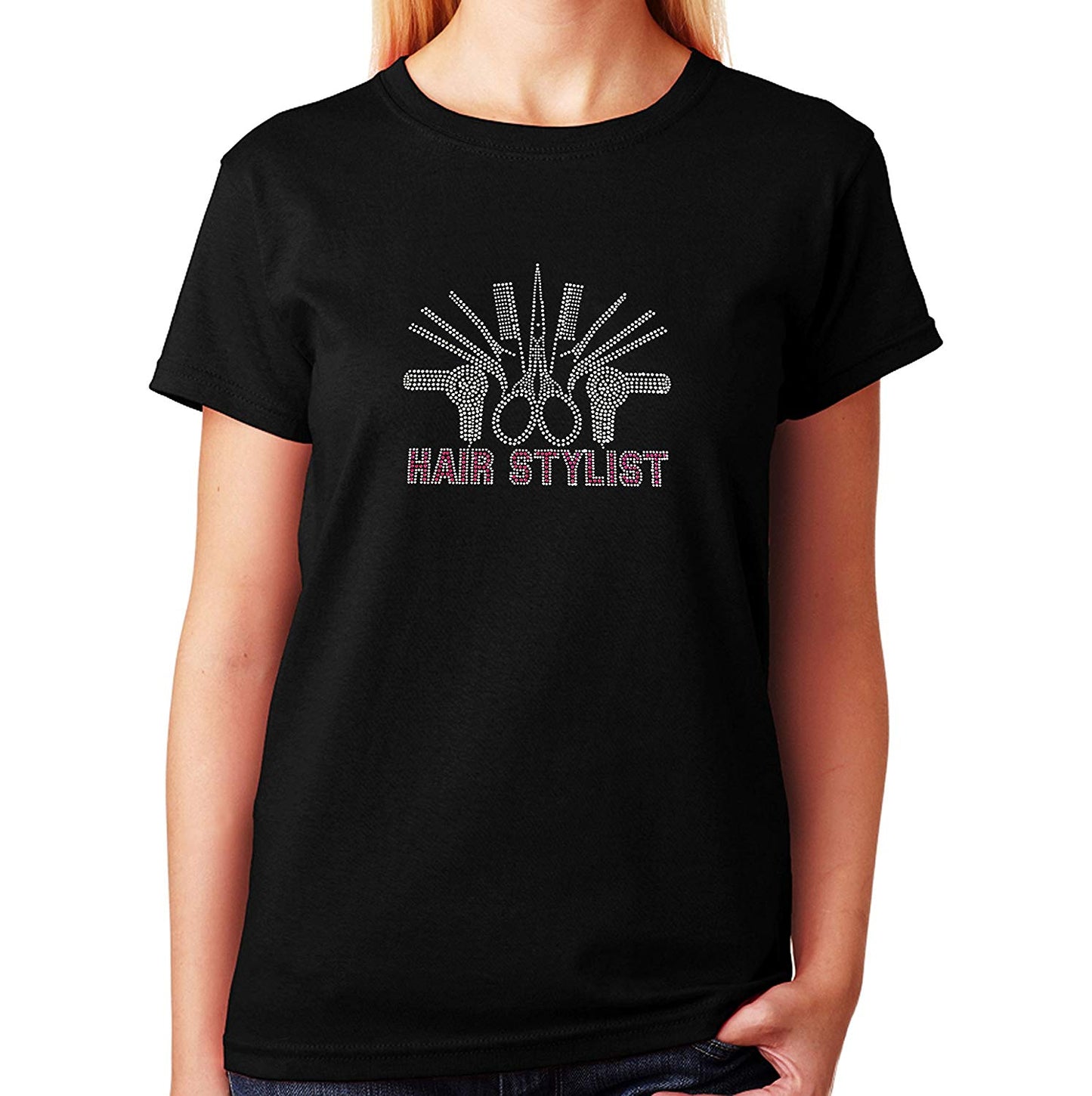 Women's / Unisex T-Shirt with Hair Stylist with Tools in Rhinestones