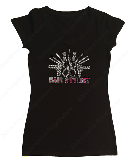 Womens T-shirt with Hair Stylist with Tools in Rhinestones