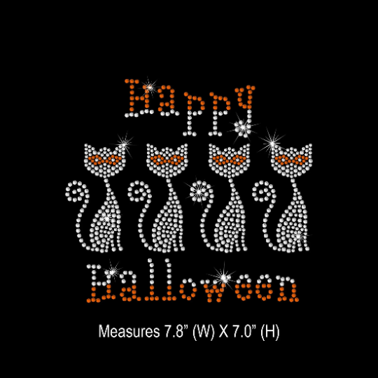 Rhinestone Transfer " Happy Halloween Cats with Masks " Hotfix , Iron On, Bling, Trendy, DIY