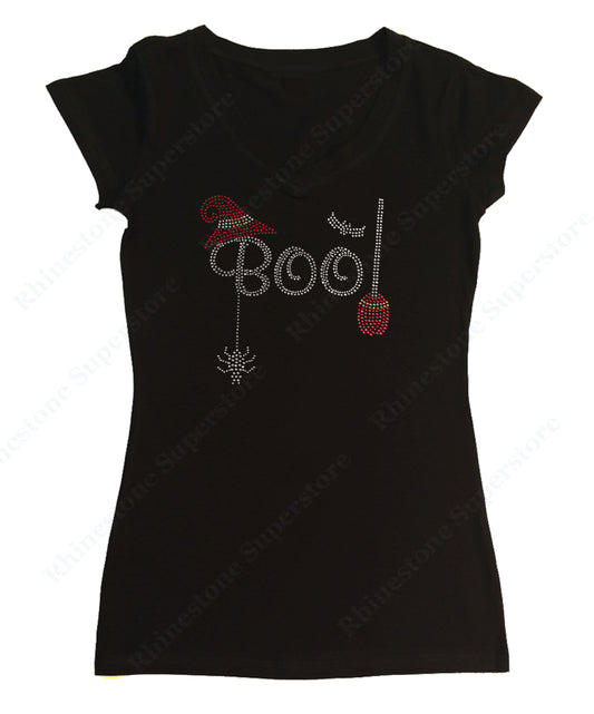 Womens T-shirt with Halloween Boo with Broom in Rhinestones