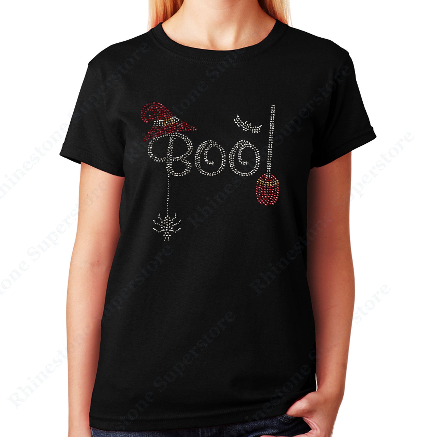 Women's / Unisex T-Shirt with Halloween Boo with Broom in Rhinestones
