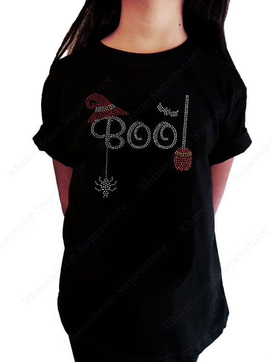 Girls Rhinestone T-Shirt " Halloween Boo with Broom " Kids Size 3 to 14 Available