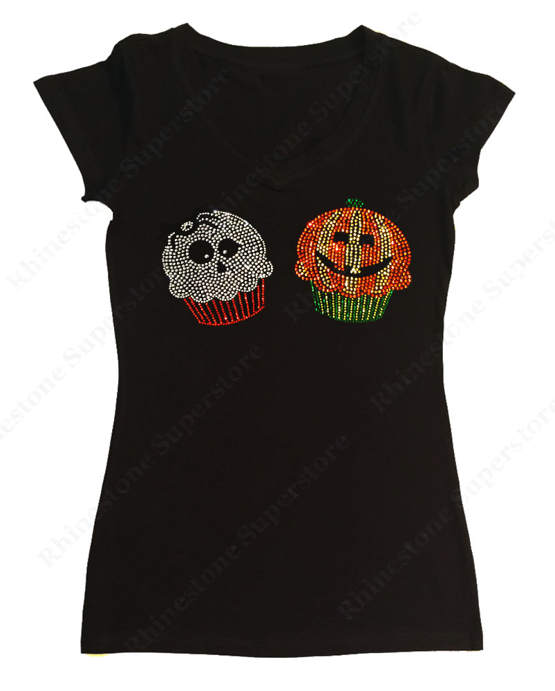 Womens T-shirt with Halloween Ghost and Pumpkin Spider Cupcakes in Rhinestones