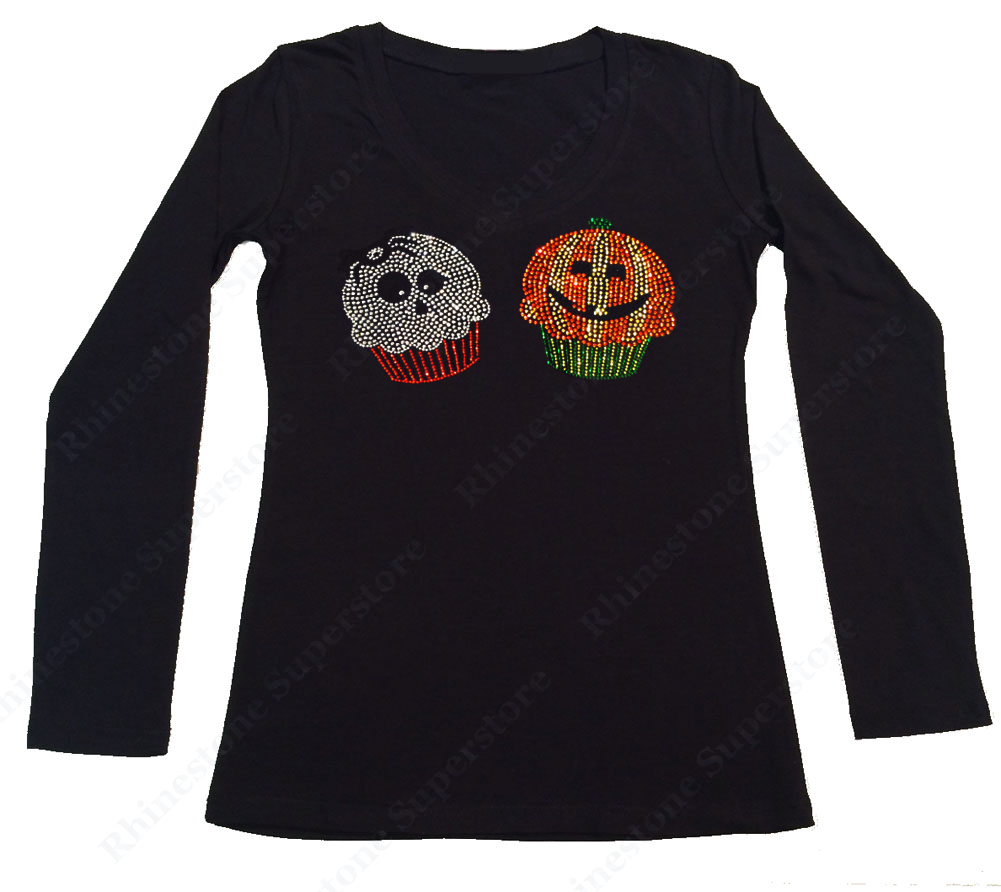 Womens T-shirt with Halloween Ghost and Pumpkin Spider Cupcakes in Rhinestones