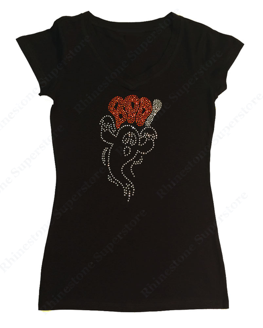 Womens T-shirt with Halloween Ghost Boo in Rhinestones