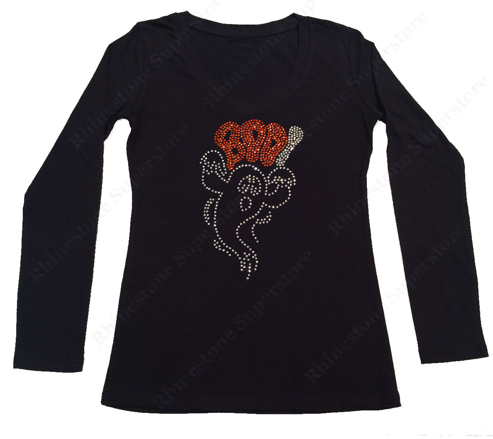 Womens T-shirt with Halloween Ghost Boo in Rhinestones