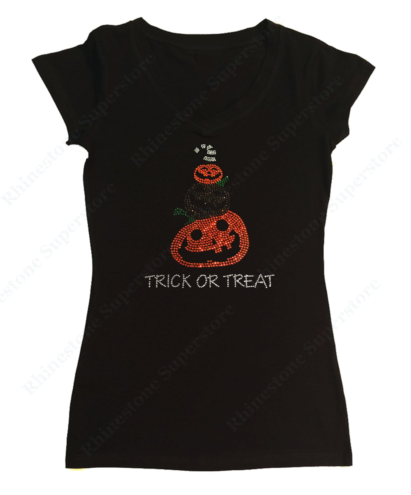 Womens T-shirt with Halloween Pumpkins with Trick or Treat in Rhinestones