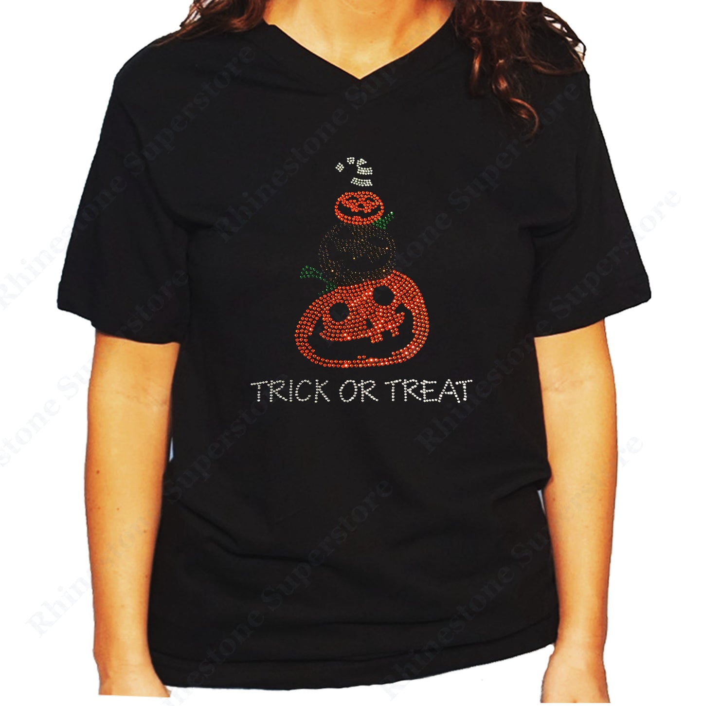 Women's / Unisex T-Shirt with Halloween Pumpkins with Trick or Treat in Rhinestones