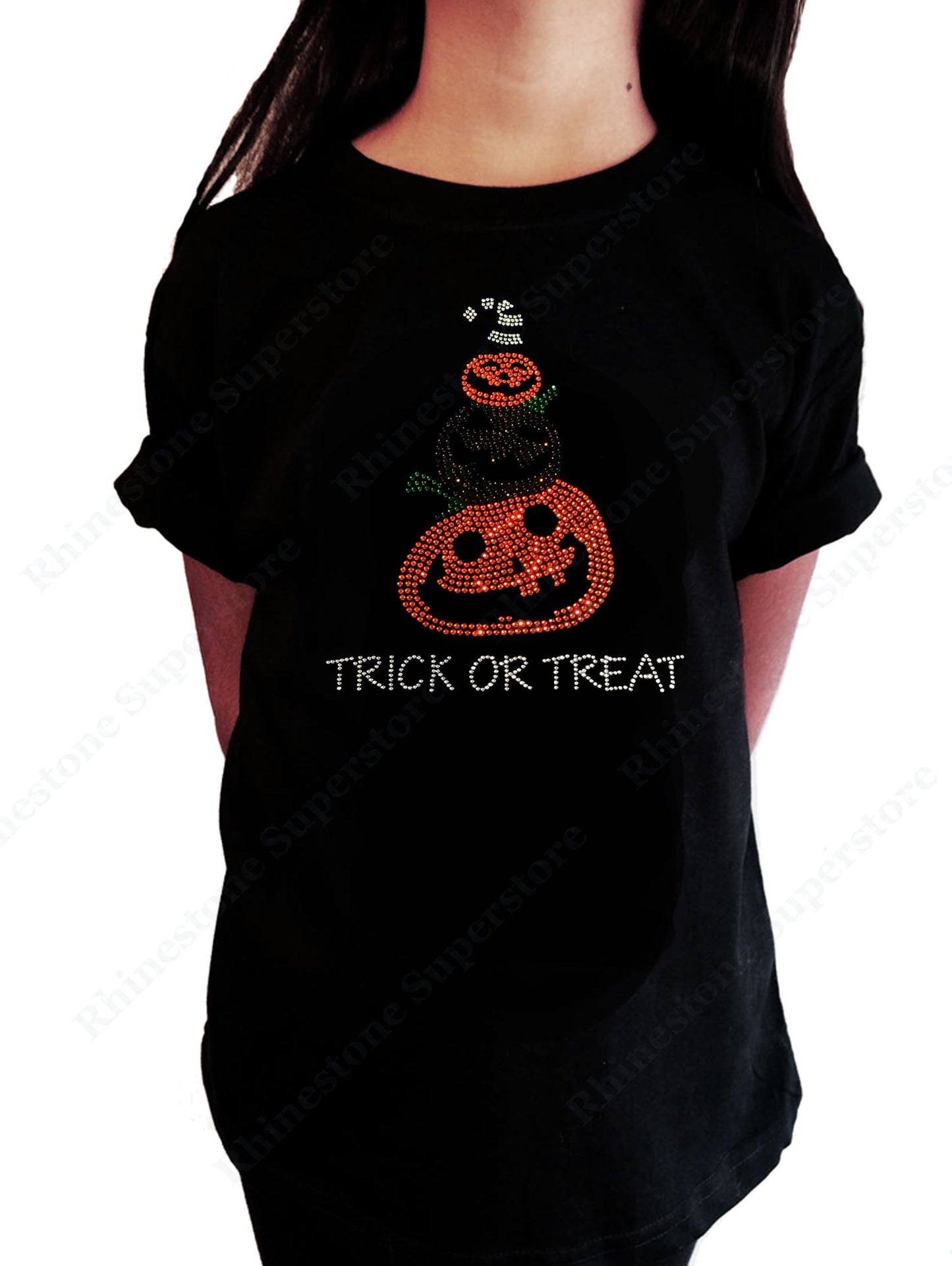 Girls Rhinestone T-Shirt " Halloween Pumpkins with Trick or Treat " Kids Size 3 to 14 Available
