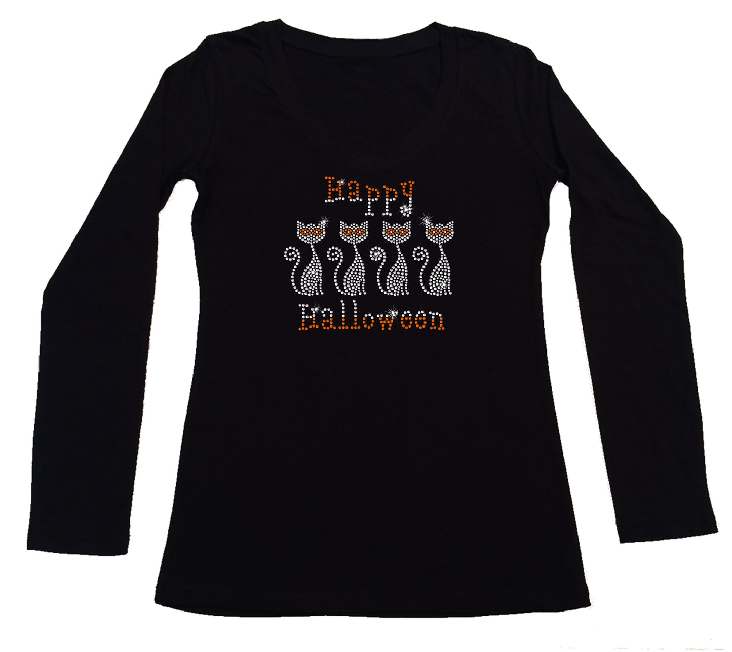 Women's Rhinestone Fitted Tight Snug Shirt Happy Halloween Cats with Masks - Halloween Shirt