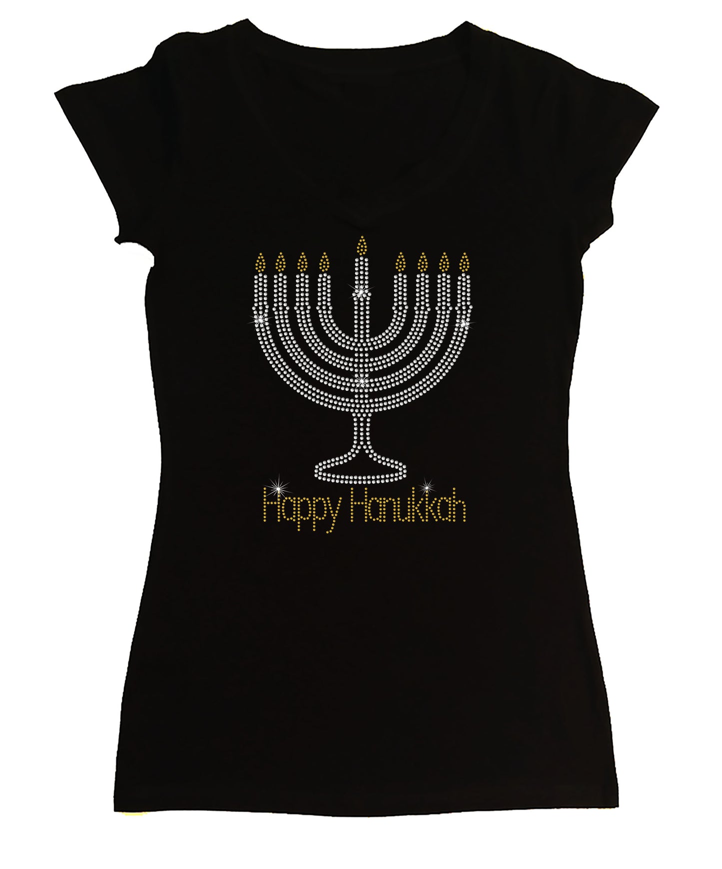 Women's Rhinestone Fitted Tight Snug Shirt Happy Hanukkah with Menorah - Holiday Shirt