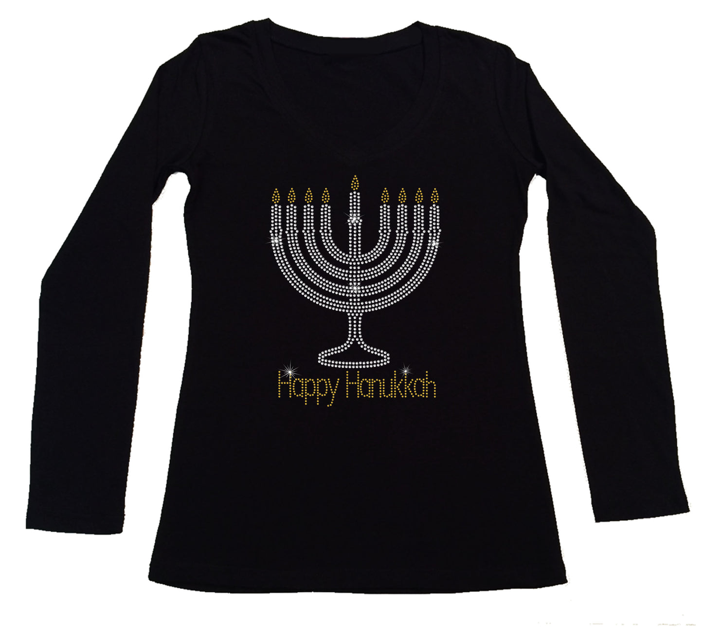 Women's Rhinestone Fitted Tight Snug Shirt Happy Hanukkah with Menorah - Holiday Shirt